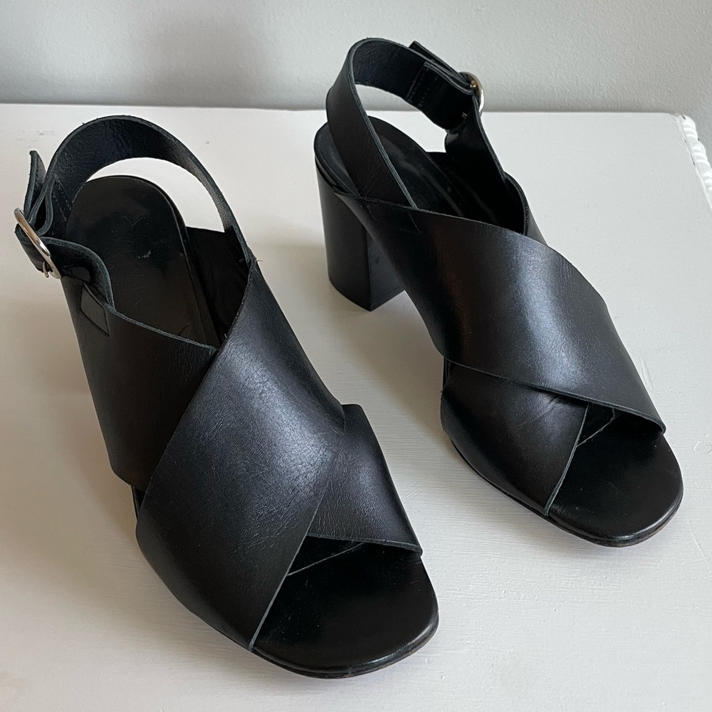 Napoleoni Black Leather Block Heels Criss Cross Slingbacks, 38 or 7.5 US